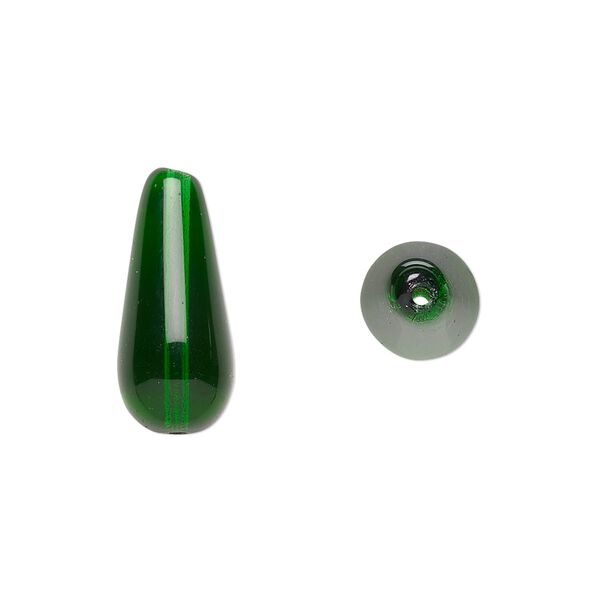 Bead, Czech pressed glass, emerald green, 20x9.5mm teardrop. Sold per 15-1/2" to 16" strand, approximately 20 beads. image number 0