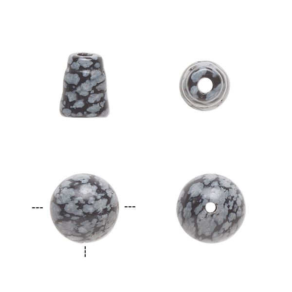 Snowflake obsidian 2pkg2, T-drilled round / cone bead natural 10mm / 9x7mm image number 0