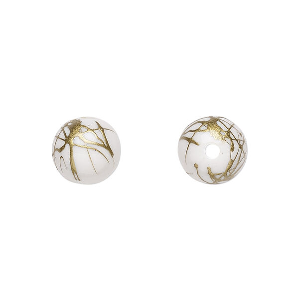 Bead, acrylic, white and gold, 10mm round with swirls. Sold per pkg of 200. image number 0
