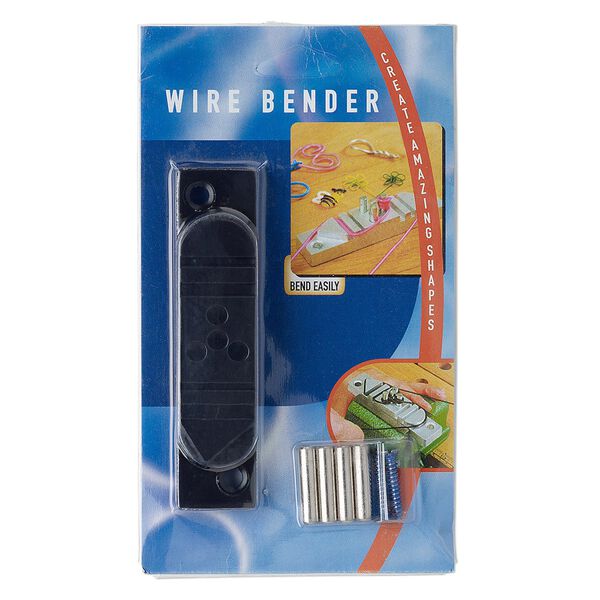 Wire bender jig, aluminum and steel, blue and black, 4-1/2 x 1-1/4 x 5/8 inch rectangle with (4) 26x6mm pins and (2) 25x8mm screws. Sold individually. image number 0