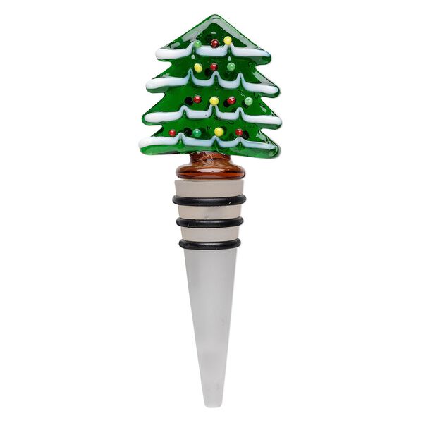Wine bottle stopper, lampworked glass, frosted clear/green/white, 4-1/2x1-1/2 inch with Christmas tree topper and three rubber rings. Sold individually. image number 0