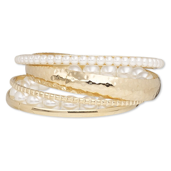 Bracelet, bangle and stretch, acrylic pearl and gold-finished steel, white, 3-12mm wide, 7-8 inches. Sold per 5-piece set. image number 0