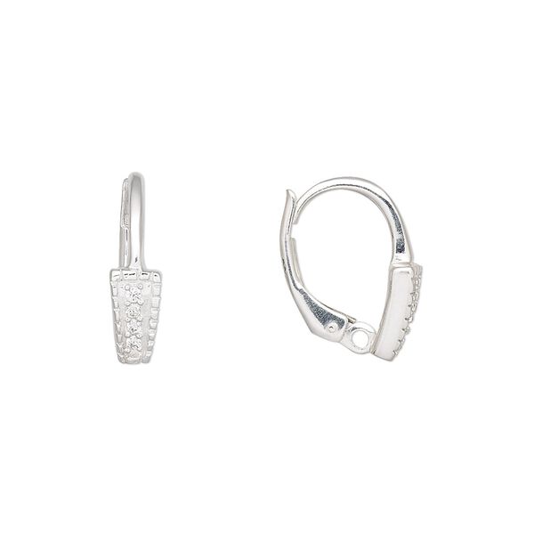 Ear wire leverback 1pkg2 sterling silver / cubic zirconia, 14.5mm / 8.5x4.5mm rectangle / closed loop, clear 1 pair image number 0