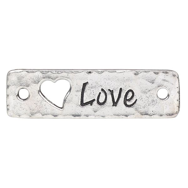 Focal, TierraCast®, antique silver-plated pewter (tin-based alloy), 40x11mm single-sided hammered rectangle with "LOVE" and cutout heart. Sold per pkg of 2. image number 0