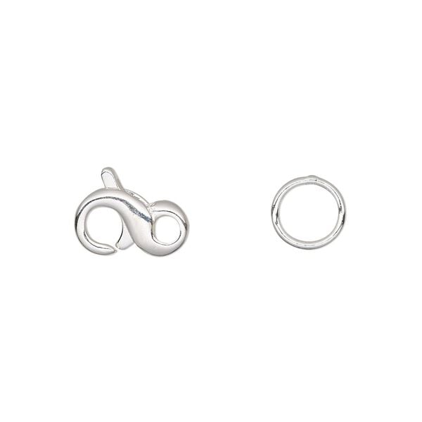 Clasp, lobster claw, silver-plated brass, 12x7mm infinity with 8mm closed jump ring. Sold per pkg of 4. image number 0