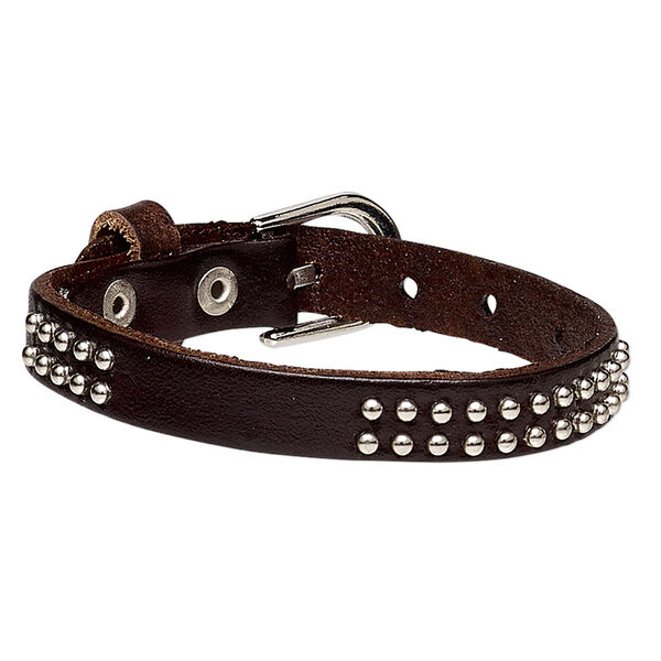 Bracelet, leather (dyed) and silver-plated steel, brown, 10mm wide with round studs, adjustable from 5-1/2 to 7 inches with buckle-style closure. Sold individually. image number 0