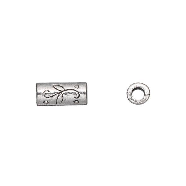Bead, antique silver-plated "pewter" (zinc-based alloy), 12x5mm double-sided tube with vine design. Sold per pkg of 20. image number 0