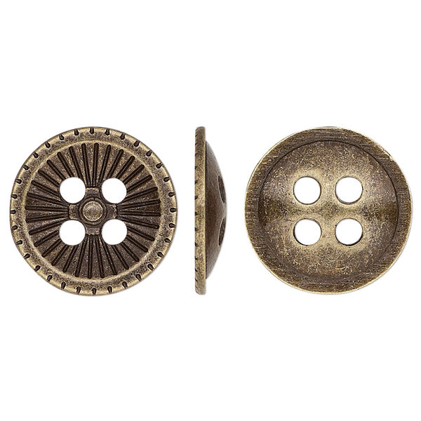 Button, antique brass-plated "pewter" (zinc-based alloy), 18mm single-sided corrugated round. Sold per pkg of 20. image number 0