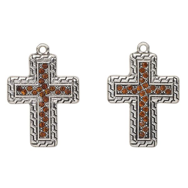 Focal, antique silver-finished "pewter" (zinc-based alloy) and glass, brown, 30x23mm cross. Sold per pkg of 2. image number 0