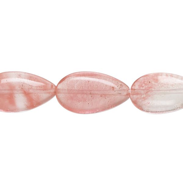 Bead, cherry "quartz" glass, 18x10mm puffed teardrop with 0.6-0.8mm hole. Sold per 15-inch strand. image number 0