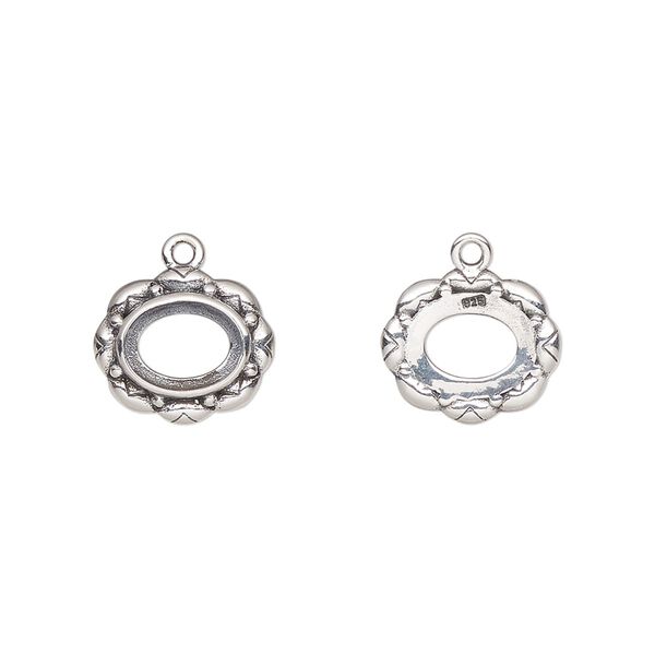 Drop, antiqued sterling silver, 12x11mm overall with 8x6mm oval setting and flower design with open back. Sold individually. image number 0