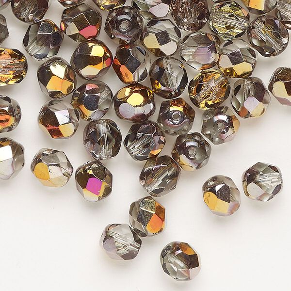 Bead, Czech fire-polished glass, pkg/100, opaque and translucent crystal clear vitrail, 6mm faceted round. image number 0