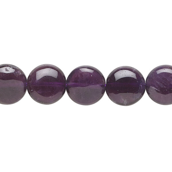 Bead, amethyst (natural), 10mm puffed flat round, B grade, Mohs hardness 7. Sold per 15-1/2" to 16" strand. image number 0