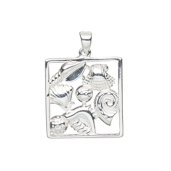 Pendant, sterling silver, 21x20mm single-sided rectangle with cutout shell design. Sold individually. image number 0