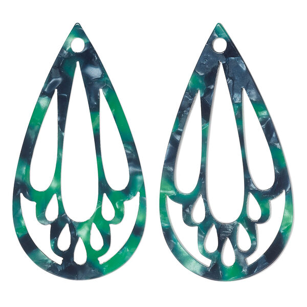 Focal, resin, green and dark green, 49x25mm teardrop with cutouts. Sold per pkg of 4. image number 0