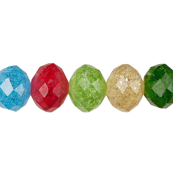 Bead, crackle glass, translucent multicolored, 12x9mm faceted rondelle. Sold per pkg of 20. image number 0