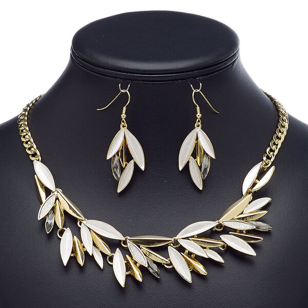 Necklace and earring set, enamel / glass / gold-finished steel / "pewter" (zinc-based alloy), white with glitter, leaves, 18-inch necklace with 2-inch extender chain and lobster claw clasp, 49mm earrings with fishhook ear wire. Sold per set. image number 0