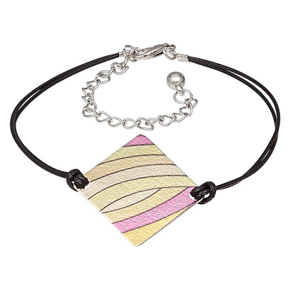 Bracelet, mylar / waxed cotton cord / imitation rhodium-plated steel / "pewter" (zinc-based alloy), black and multicolored, 25mm diamond with line design, 8 inches with 2-3/4 inch extender chain and lobster claw clasp. Sold individually. image number 0