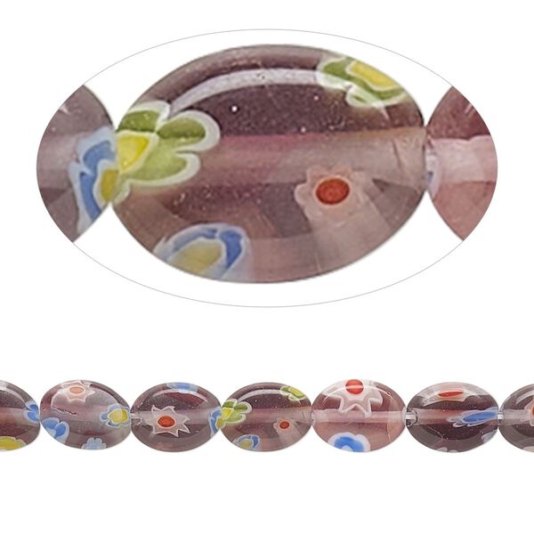 Bead, millefiori glass, translucent dark purple and multicolored, 7x5mm-8x6mm flat oval. Sold per 14-inch strand. image number 0