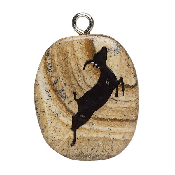 Focal 1pkg1 picture jasper / enamel / steel, 26x20-38x31mm single-sided freeform oval / antelope B- grade, natural / silver finish image number 0