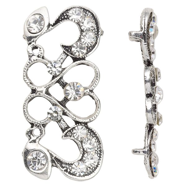 Spacer, antique silver-plated "pewter" (zinc-based alloy) and Czech glass rhinestone, clear, 40x19mm 2-strand fancy rectangle. Sold per pkg of 4. image number 0