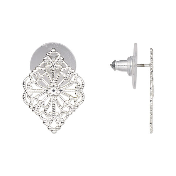Earstud, silver-plated brass and stainless steel, 21x15mm filigree diamond. Sold per pair. image number 0
