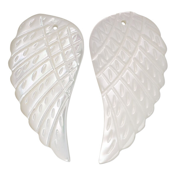 Focal, trochus shell (natural), 36x20mm-40x24mm single-sided hand-cut left- and right-facing carved wing, Mohs hardness 3-1/2. Sold per pkg of 2. image number 0