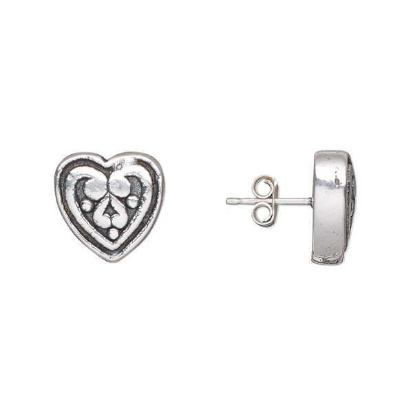 Earstud, antiqued sterling silver, electroformed, 12mm heart with swirls design. Sold per pair. image number 0