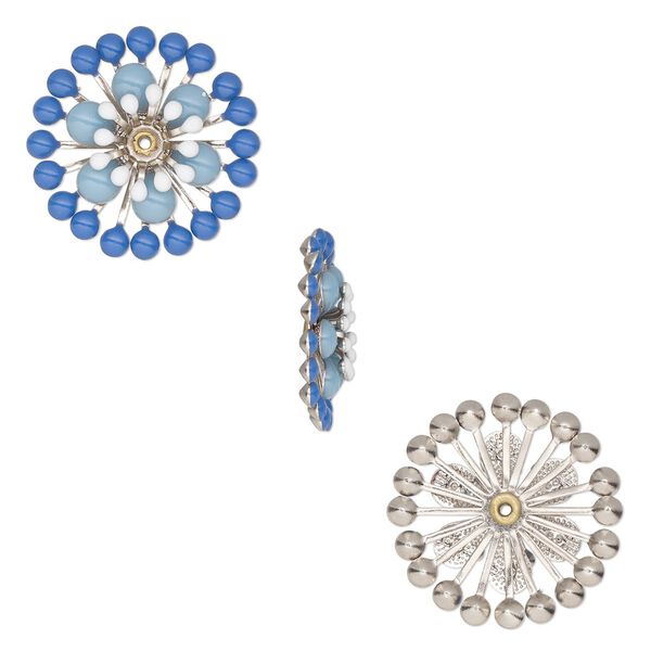 Component, epoxy and silver-finished copper, white / blue-grey / dark blue, 25mm center-drilled single-sided flower. Sold per pkg of 2. image number 0
