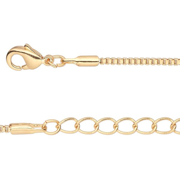 Chain, gold-finished brass, 1.5mm Venetian box, 7-1/2 inches with 1-1/4 inch extender chain and lobster claw clasp. Sold per pkg of 6. image number 0