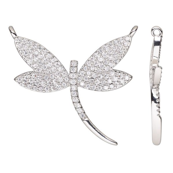 Connector, cubic zirconia and silver-finished brass, clear, 25x23.5mm single-sided dragonfly. Sold individually. image number 0