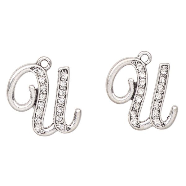 Charm, antique silver-finished "pewter" (zinc-based alloy) and glass, clear, 22x21mm letter "U". Sold per pkg of 2. image number 0