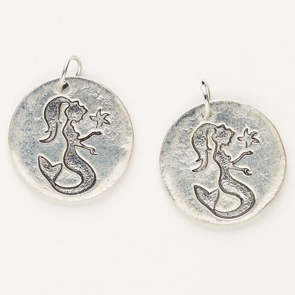 Charm, "pewter" (zinc-based alloy) and steel, pkg/2, antique silver finish, 20mm double-sided flat round with mermaid. image number 0