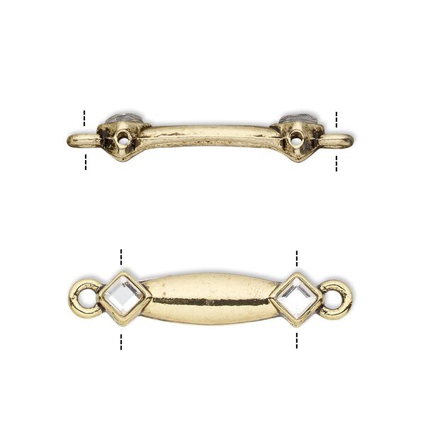 Link, glass rhinestone and antiqued gold-finished "pewter" (zinc-based alloy), clear, 24x6mm double-drilled bar with diamond design, fits up to 18mm bead. Sold per pkg of 10. image number 0