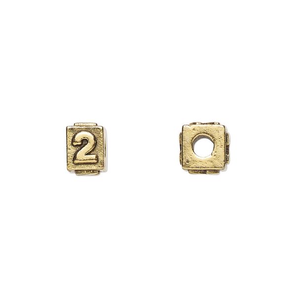 Bead, antique gold-plated pewter (tin-based alloy), 8x6mm rectangle with number "2." Sold per pkg of 4. image number 0