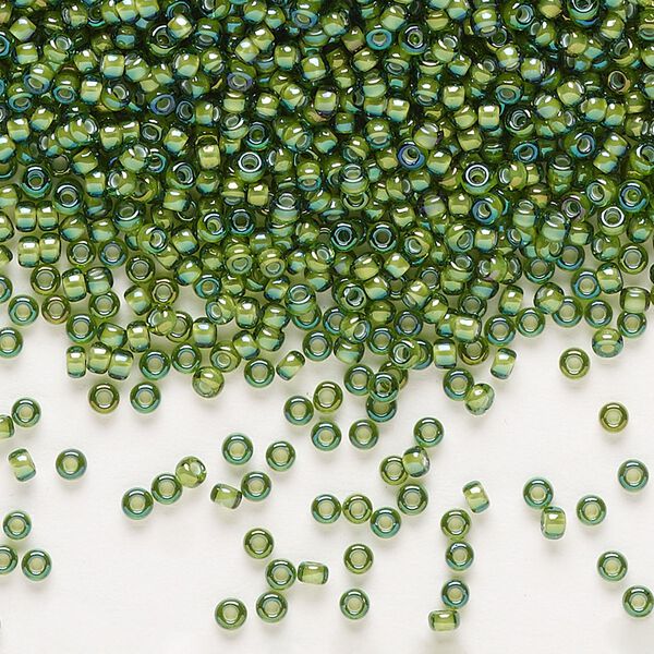 Seed bead, Miyuki, glass, pkg/25g, #11 rocaille, translucent white-lined luster light green, (RR-3764). image number 0