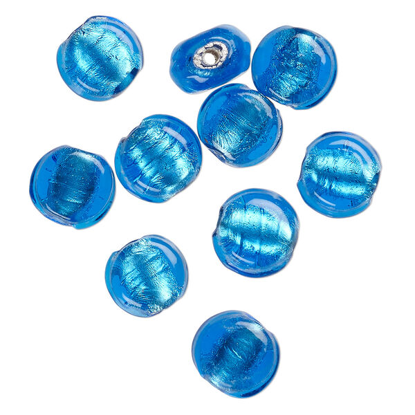 Bead, lampworked glass, opaque turquoise blue, 12x7mm-10x6mm flat round with silver-colored foil. Sold per pkg of 10. image number 0