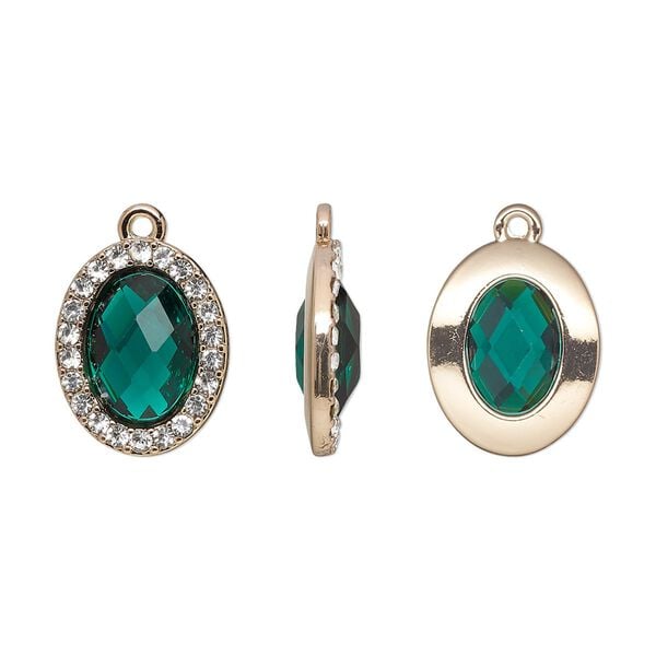 Drop, glass / glass rhinestone / gold-finished "pewter" (zinc-based alloy), clear and transparent emerald green, 19x15.5mm single-sided oval. Sold per pkg of 2. image number 0