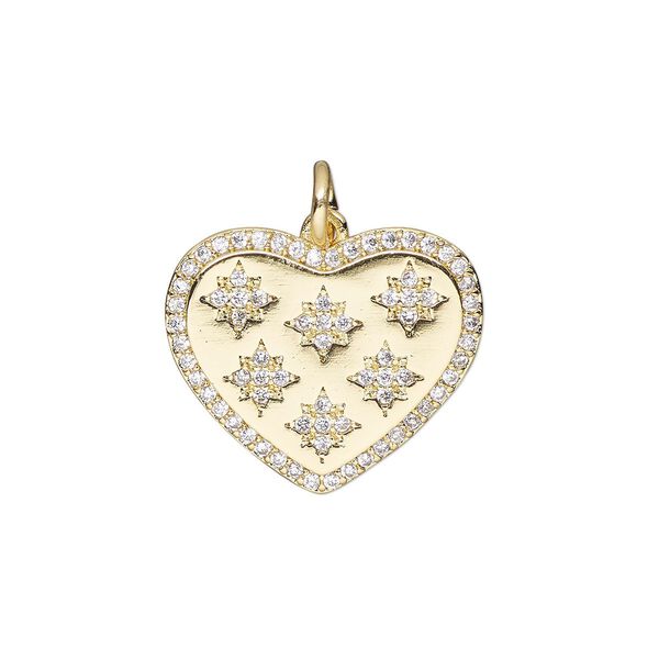 Charm, cubic zirconia and gold-finished brass, clear, 18x16mm single-sided heart with 5mm open jump ring. Sold individually. image number 0