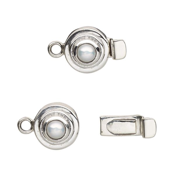 Clasp, tab, cultured freshwater pearl (bleached) and sterling silver, white, 11mm round with 5mm round cabochon. Sold individually. image number 0