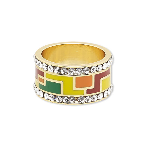 Ring, Avant-Garde Jewelry Collection, enamel / Czech glass rhinestone / gold-plated brass, multicolored, 12mm wide with geometric design, size 8-1/2. Sold individually. image number 0