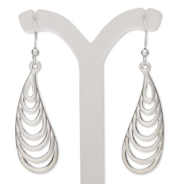 Earring, imitation rhodium-plated brass and "pewter" (zinc-based alloy), 2 inches with brushed curved teardrop and cutout design with fishhook ear wire. Sold per pair. image number 0
