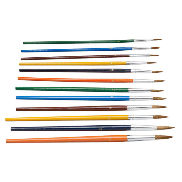Craft brush, wood / horsehair / aluminum, assorted colors, 7 to 8-1/2 inches, sizes 1-12. Sold per 12-piece set. image number 0