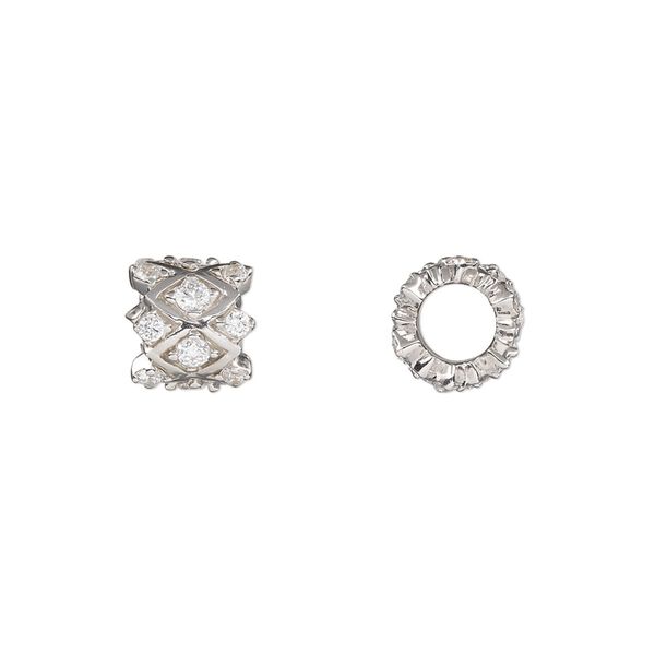 Bead, cubic zirconia and rhodium-plated sterling silver, clear, 9x8mm fancy tube with diamond design. Sold individually. image number 0