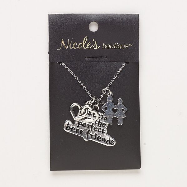 Necklace, antique silver-finished "pewter" (zinc-based alloy) and steel, 33x20mm double heart and two sisters with "sisters are the perfect best friends," 24 inches with 2-inch extender chain and lobster claw clasp. Sold individually. image number 0