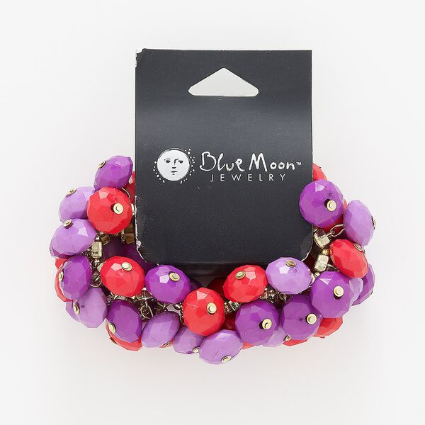 Bracelet, stretch, acrylic and gold-finished "pewter" (zinc-based alloy), red / purple / light purple, 35mm wide with 3-row faceted rondelle, adjustable from 6 to 8 inches. Sold individually. image number 0