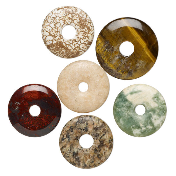 Component mix, multi-gemstone (natural / dyed / heated / stabilized), 26-35mm donut, Mohs hardness 3 to 7. Sold per pkg of 6. image number 0