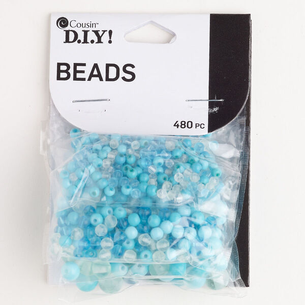 Bead mix, glass, pkg/480, opaque and translucent blue/light blue/clear, 3-8mm round. image number 0