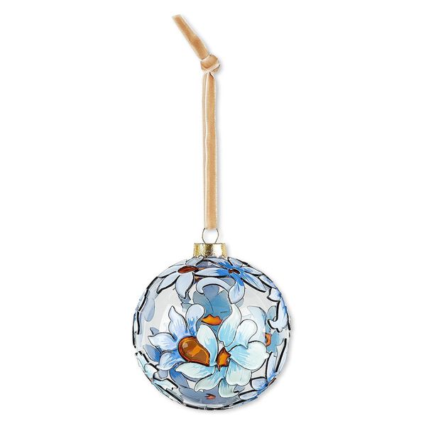 Ornament, cloisonné, glass / enamel / velveteen ribbon / black-finished copper / gold-finished brass / steel, clear and multicolored with glitter, 3-inch round with flower design. Sold individually. image number 0