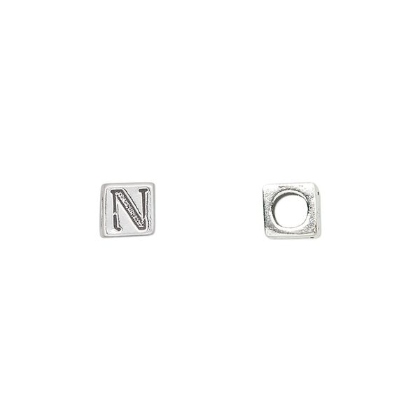Bead, sterling silver, 5.5mm cube with alphabet letter "N." Sold individually. image number 0
